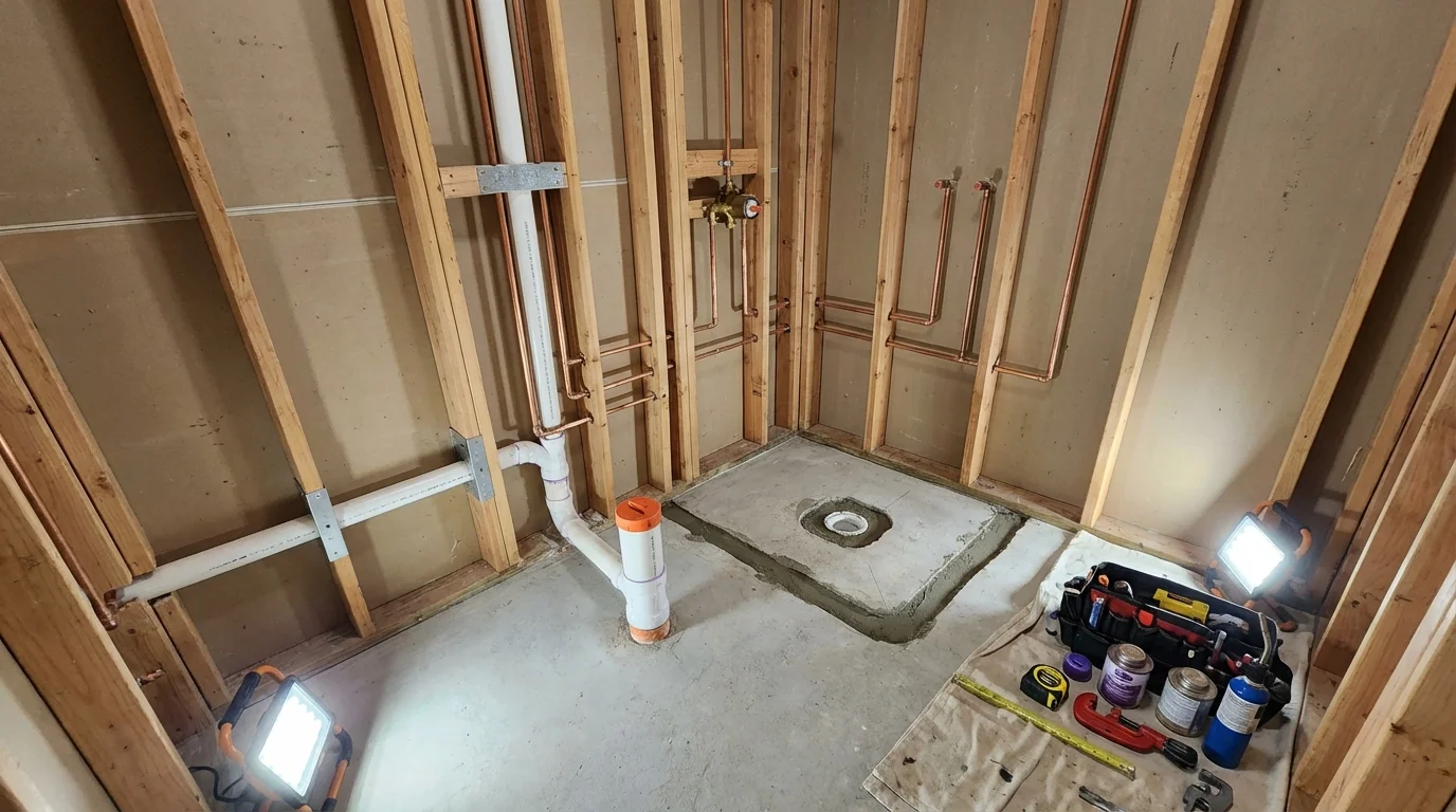 Bathroom rough-in plumbing during remodel by Johns Plumbing LLC in Dwight