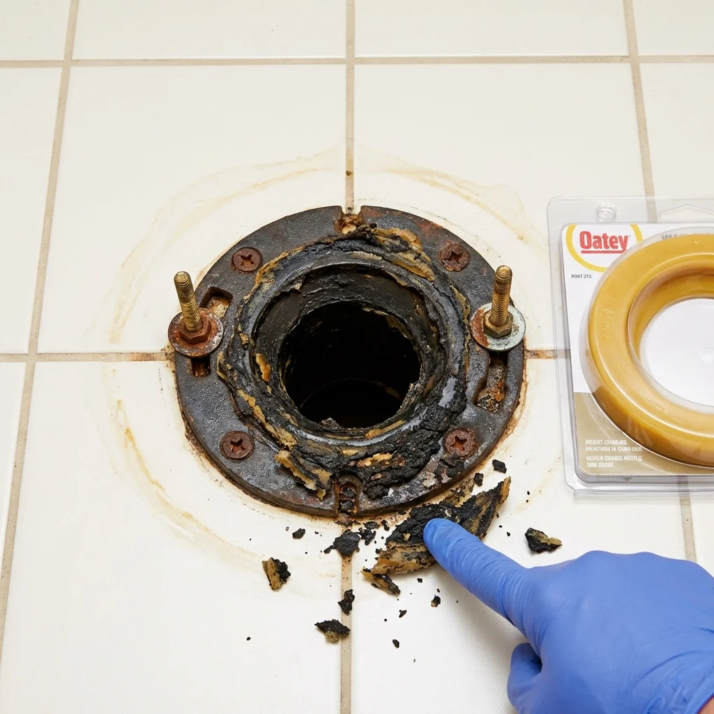Failed wax ring showing water seepage at the base of a toilet in a Dwight, IL home