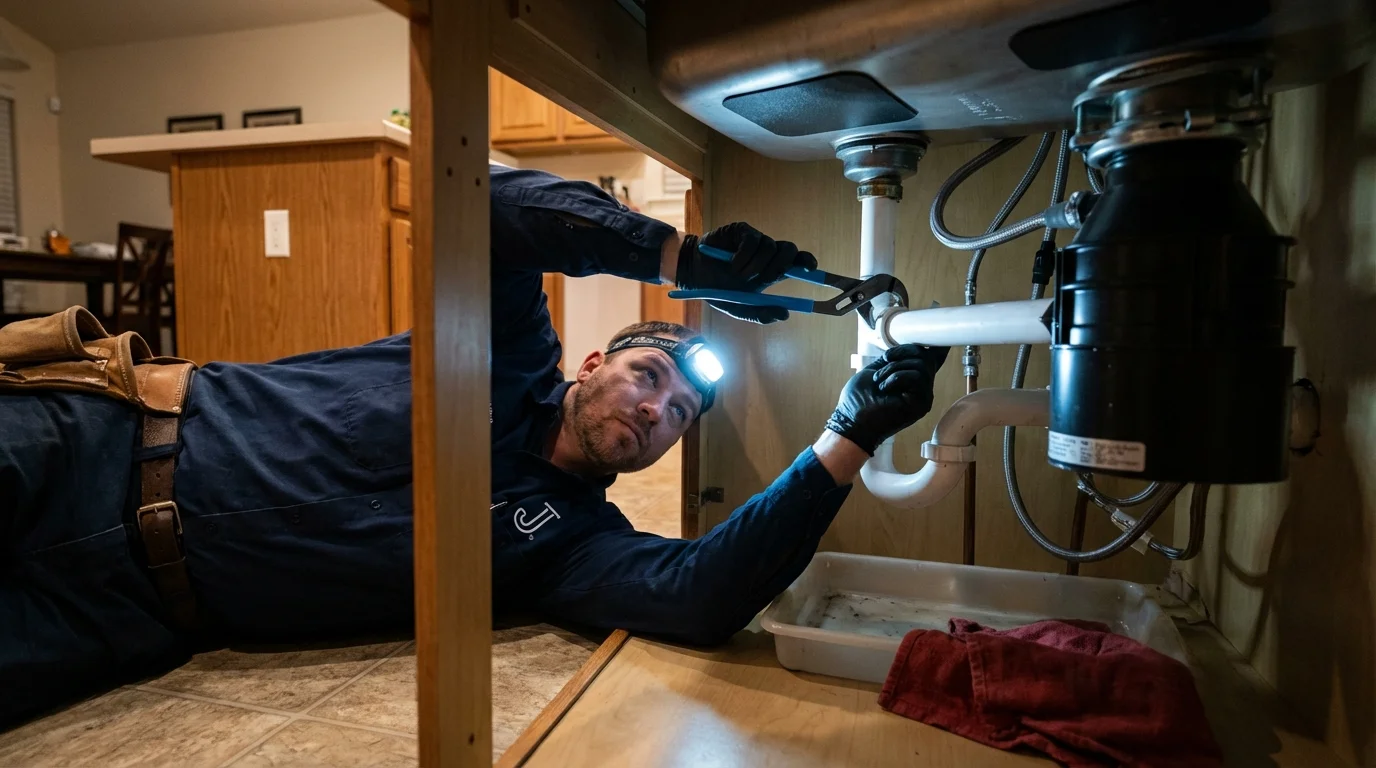 P-trap and supply line connections under a kitchen sink showing a common leak point in Dwight, IL